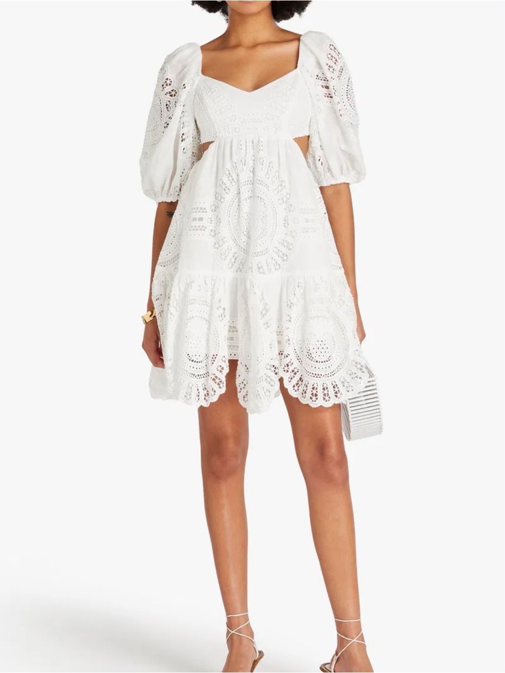 Zimmermann White Eyelet Cutout Puff-Sleeve Mini Dress size 1